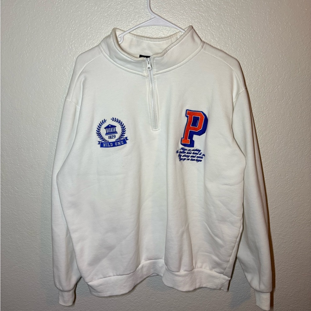 PacSun White Zip-Up Sweater with Blue and Orange Details